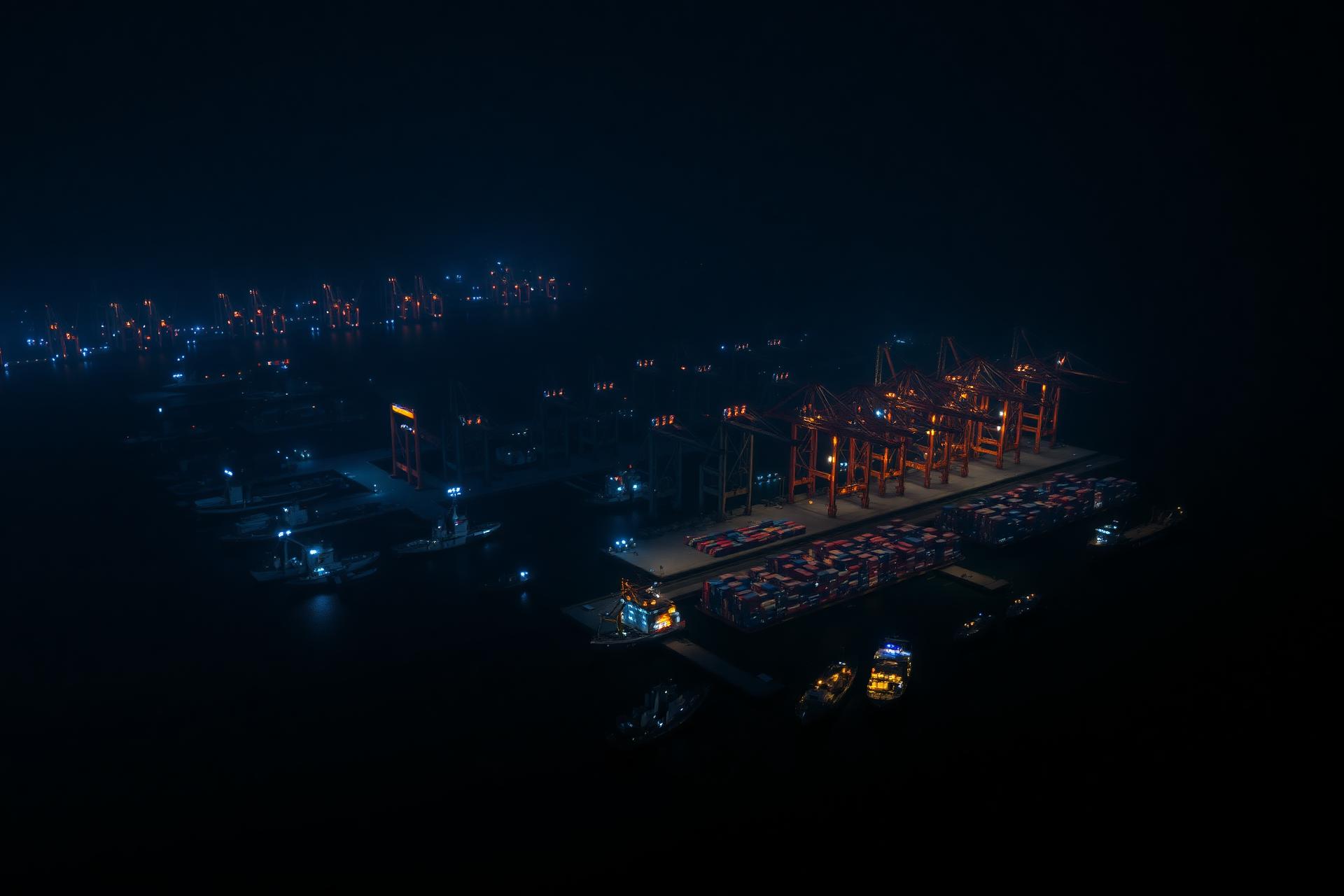 Global shipping port at night